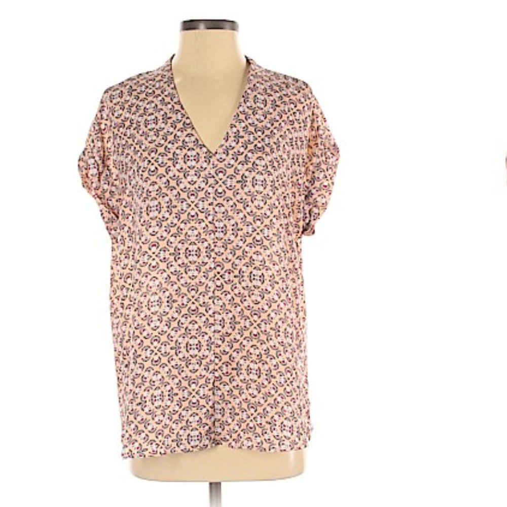 Pleione Shirt, Medium, Peach and cranberry print